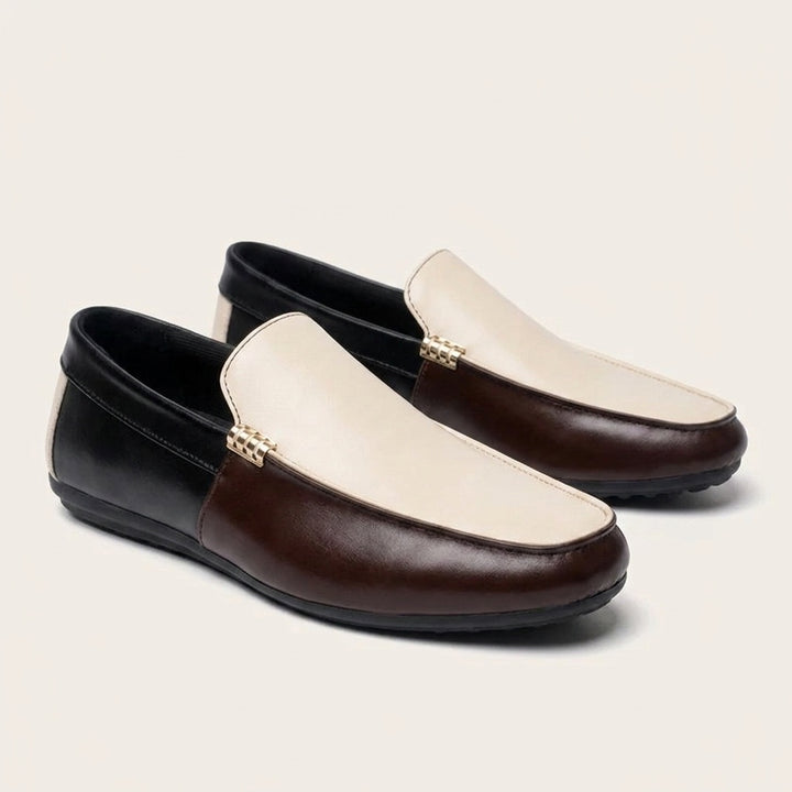 Faro Two-Tone Loafers — Cream &amp; Brown, three-quarter studio view