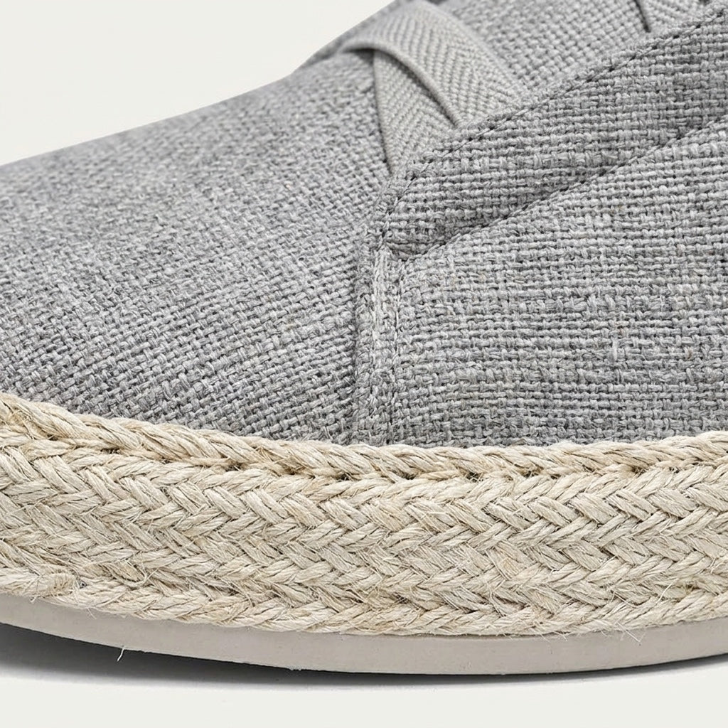 Elba Espadrille Sneakers — Grey, woven upper and rope trim close-up
