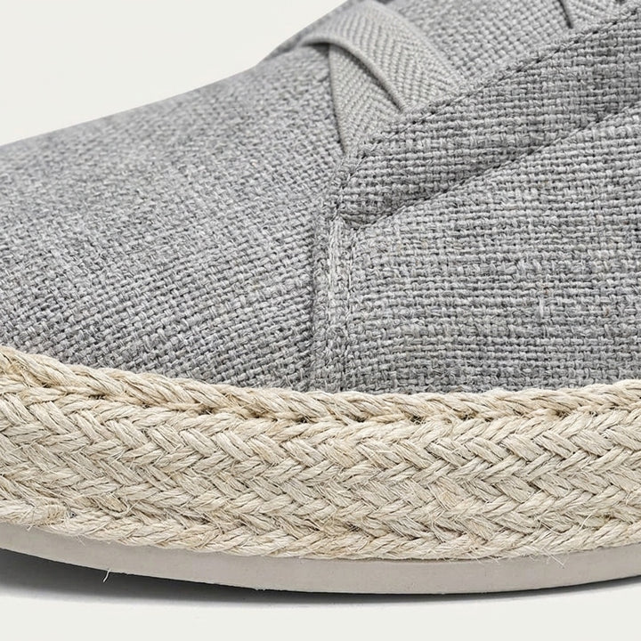 Elba Espadrille Sneakers — Grey, woven upper and rope trim close-up