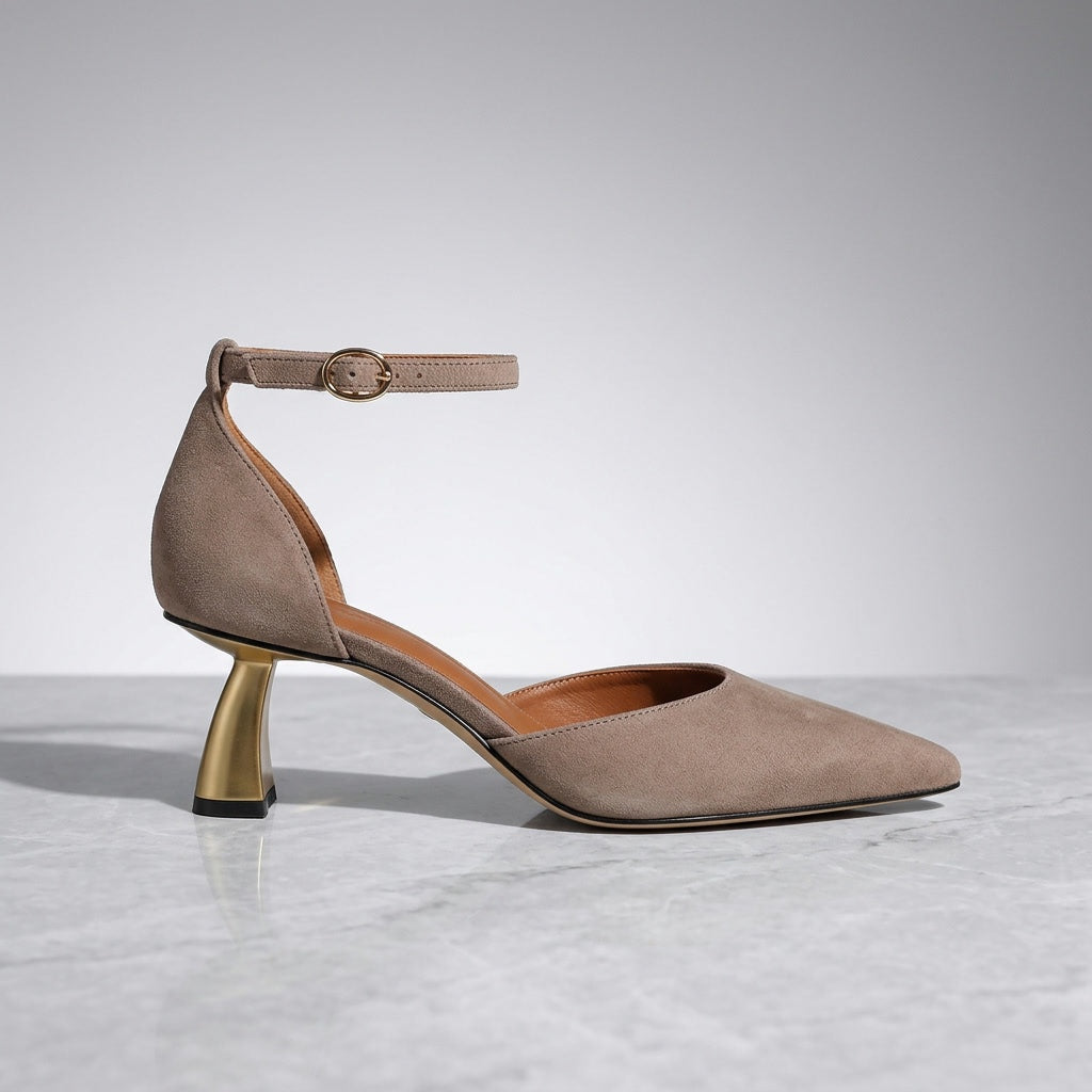 Sarzana Ankle-Strap Pumps — Taupe, side profile studio view