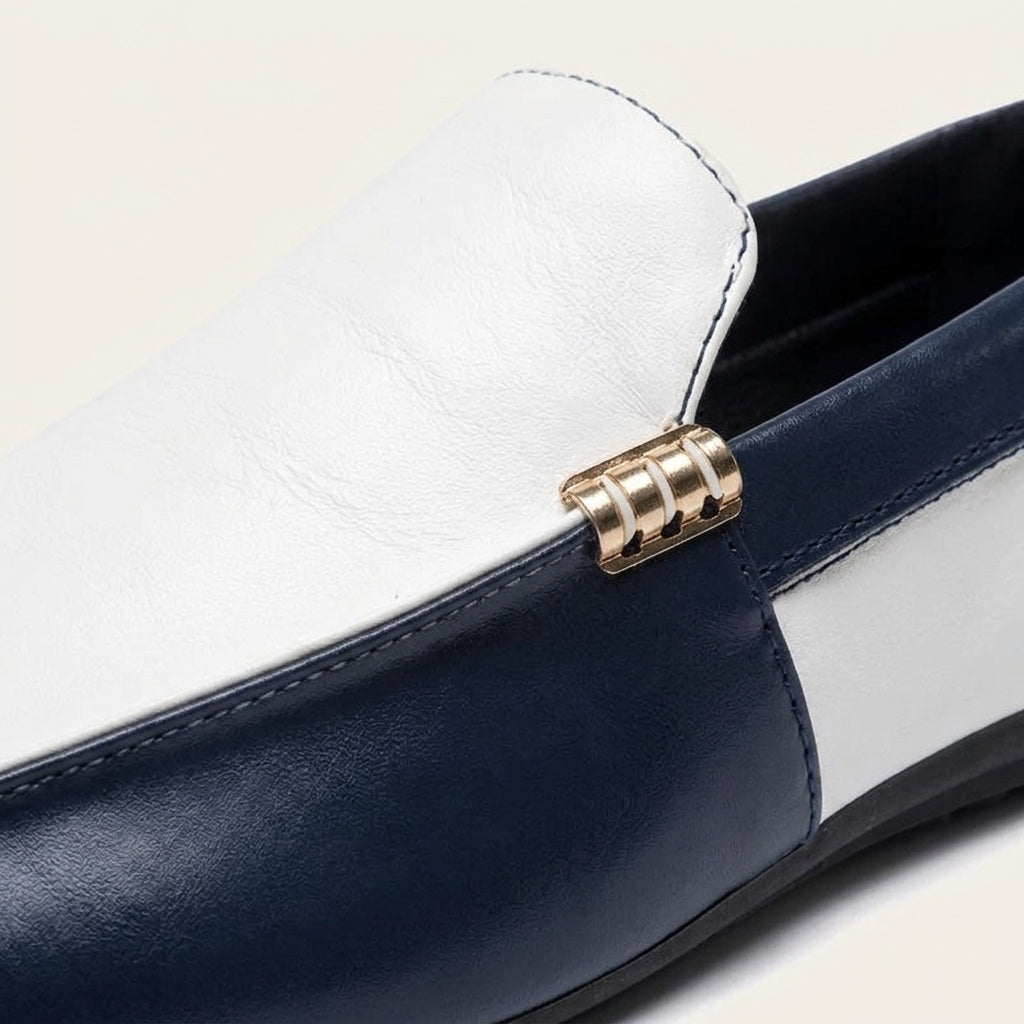 Faro Two-Tone Loafers — Navy &amp; White, gold vamp bar close-up