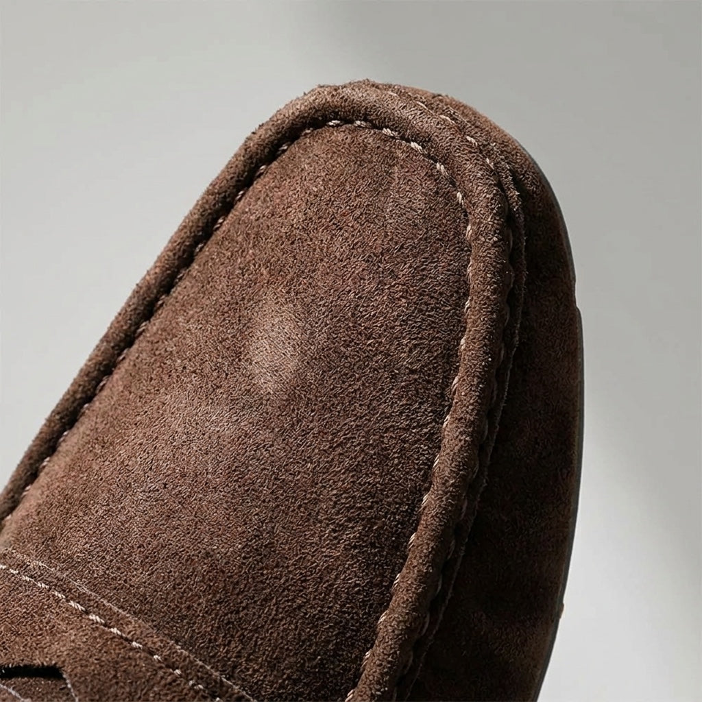 Zoagli Suede Loafers — Brown, hand-stitched seam close-up