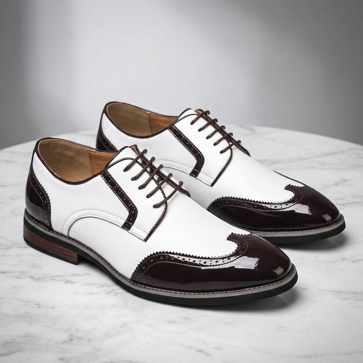 Tortona Leather Wingtip Brogues — White, three-quarter studio view of the pair