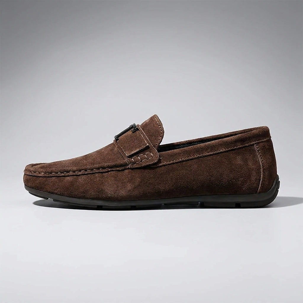 Zoagli Suede Loafers — Brown, side profile studio view