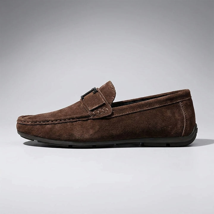 Zoagli Suede Loafers — Brown, side profile studio view