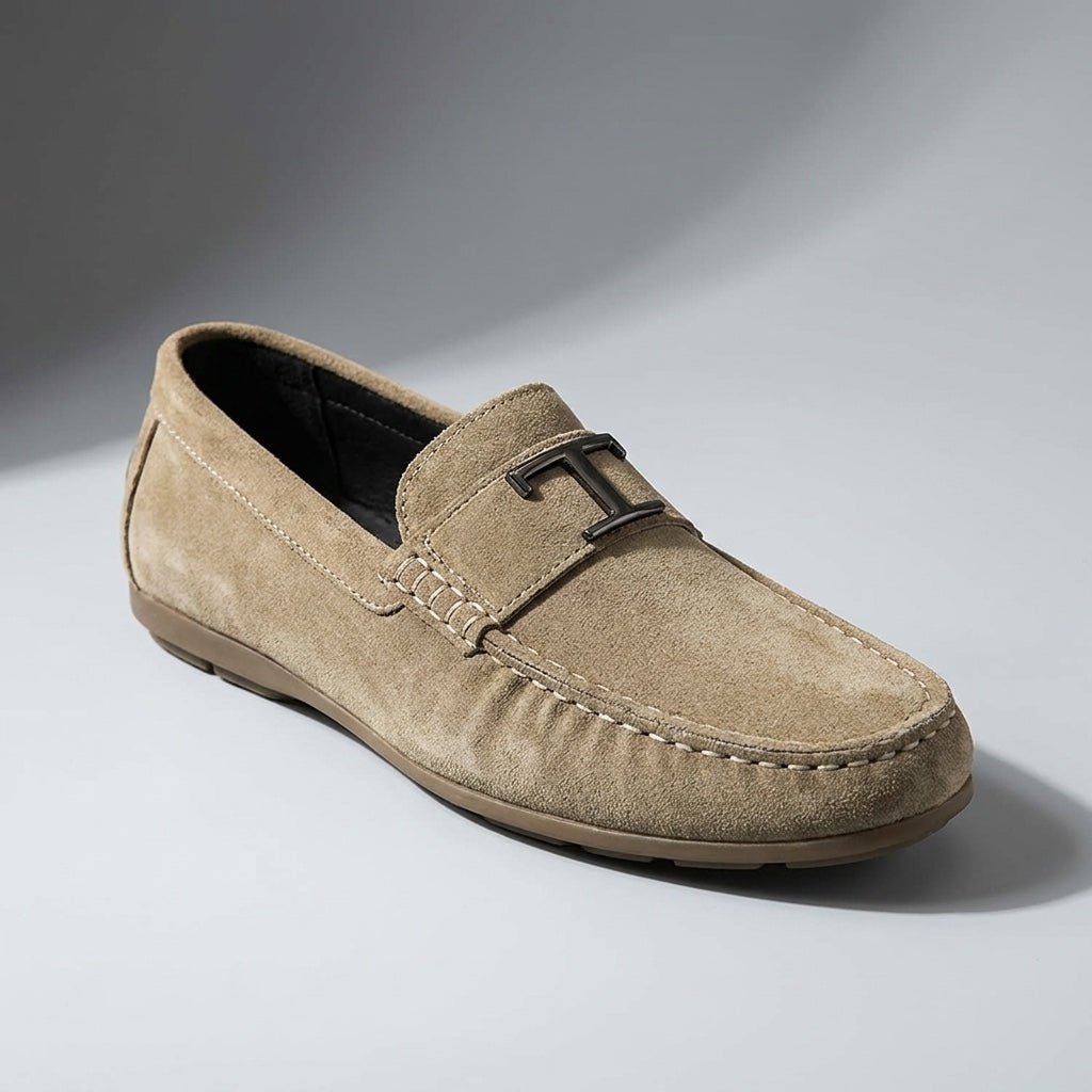 Zoagli Suede Loafers — Khaki, three-quarter studio view