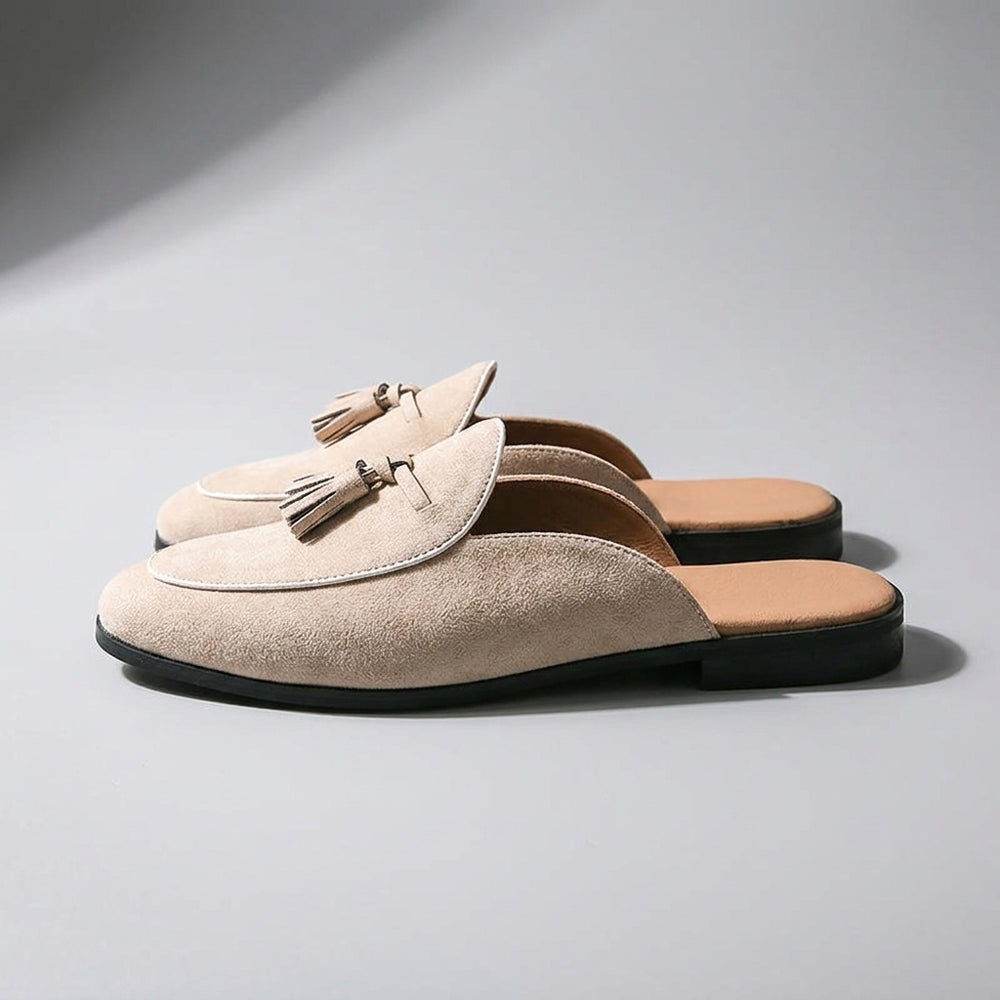 Vasto Suede Mules — Beige, side profile, full silhouette toe to heel