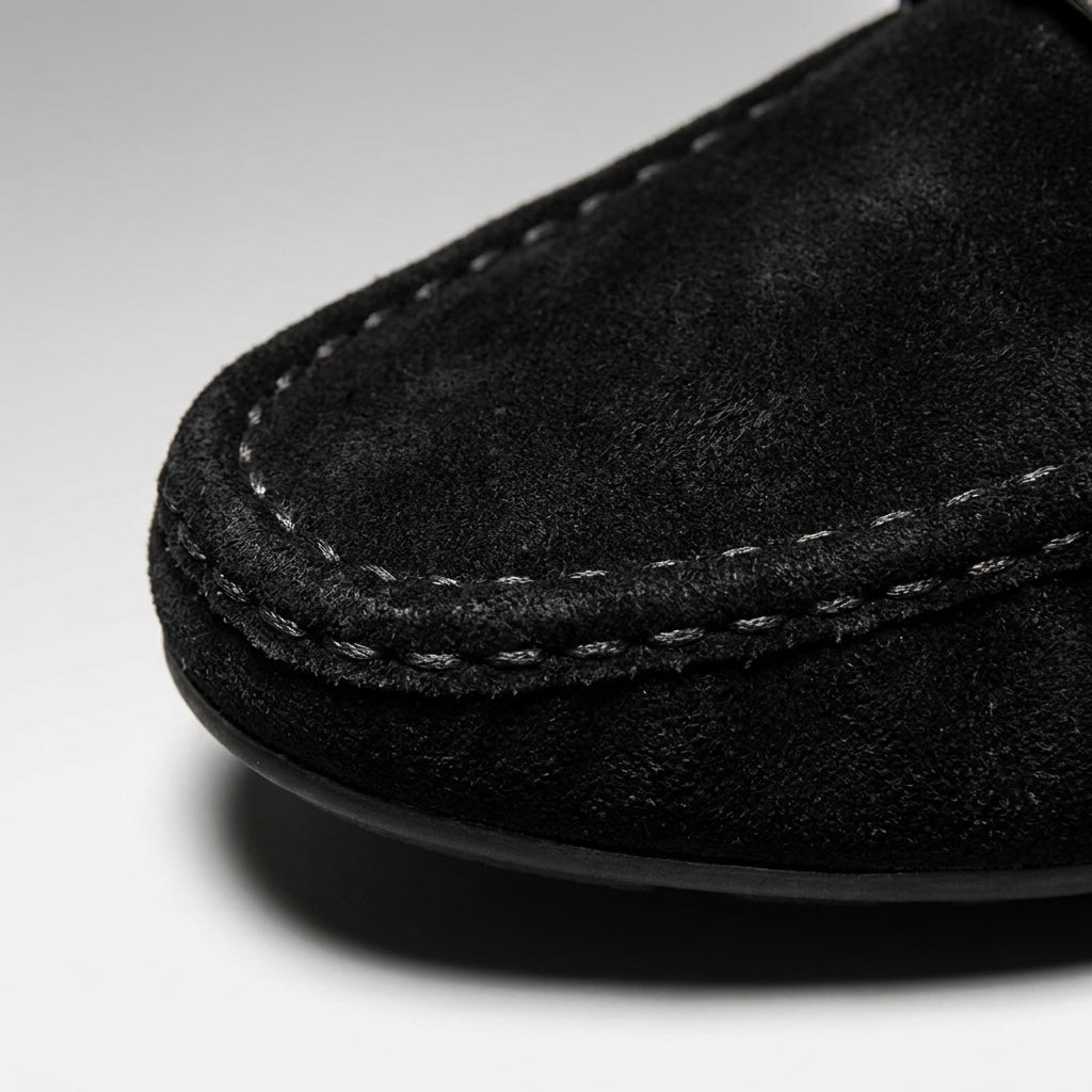 Zoagli Suede Loafers — Black, hand-stitched seam close-up