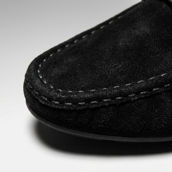 Zoagli Suede Loafers — Black, hand-stitched seam close-up
