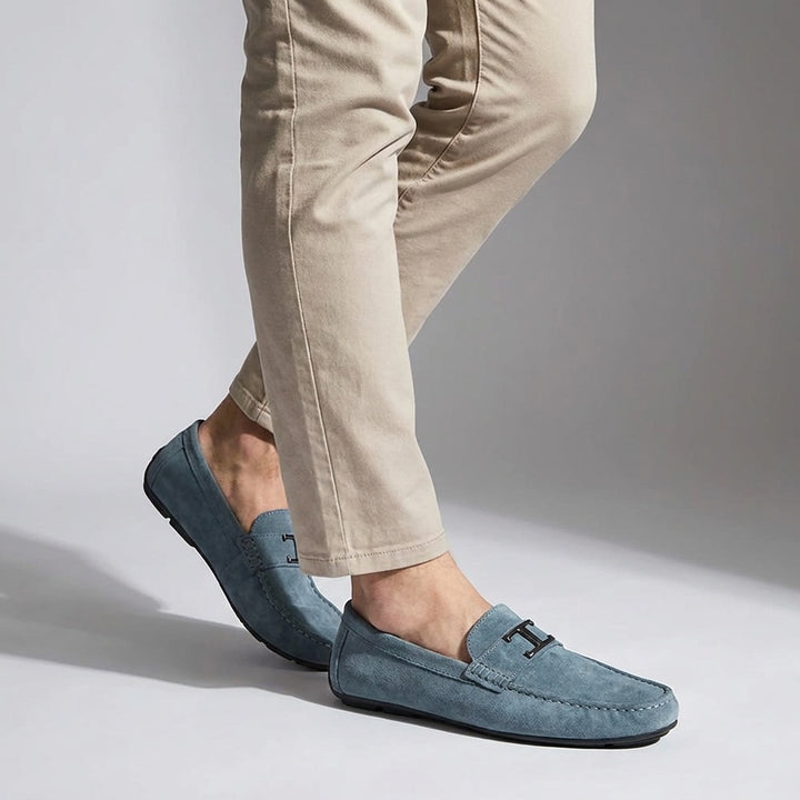 Zoagli Suede Loafers — Blue, male model knee-down studio