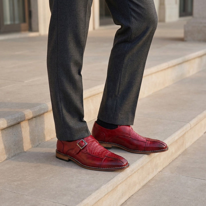 Belgravia Monk Straps — Red, worn on stone steps outside a venue