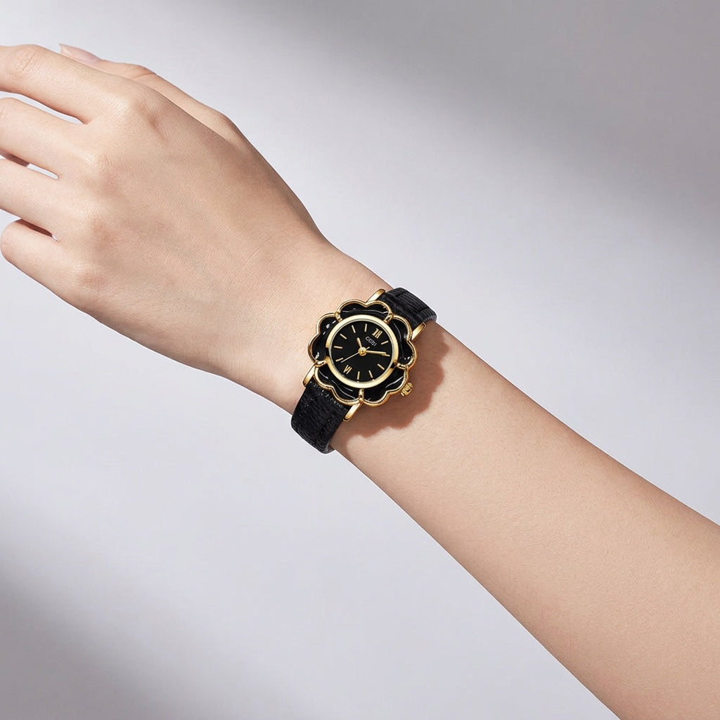 Spello Flower Watch — Black, wrist studio shot