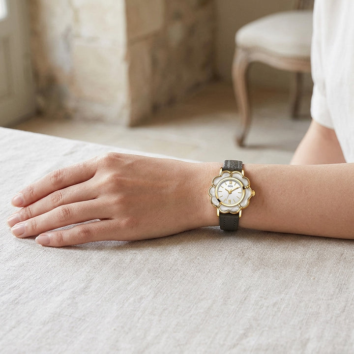 Spello Flower Watch — Grey, lifestyle wrist shot