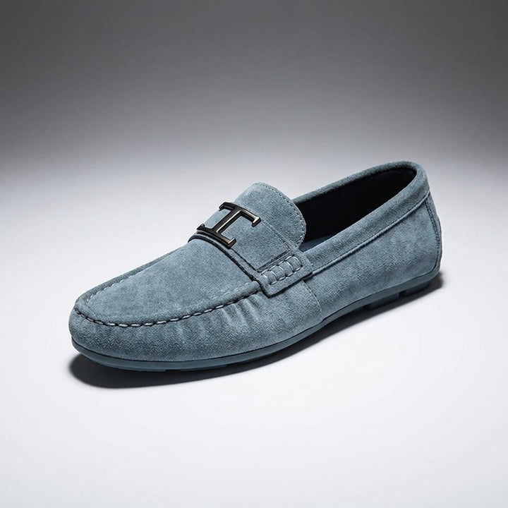 Zoagli Suede Loafers — Blue, three-quarter studio view