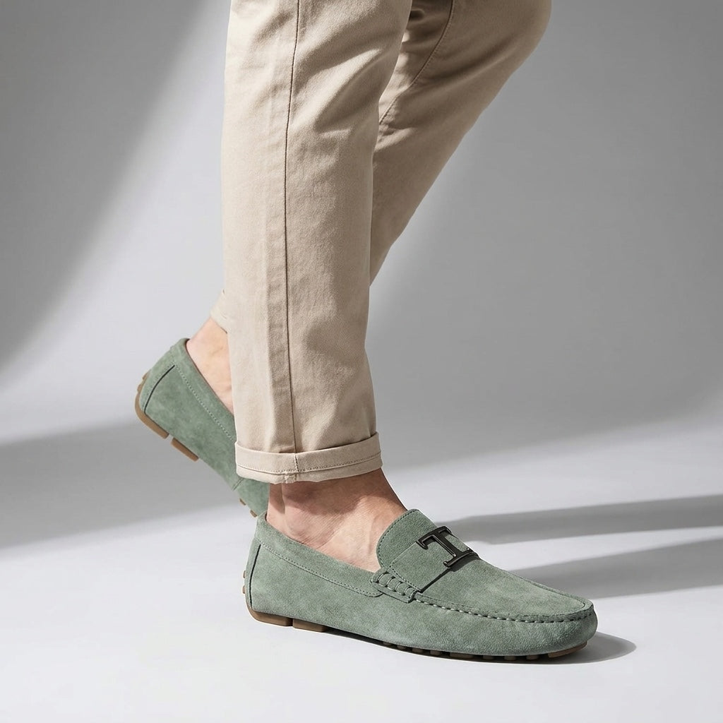 Zoagli Suede Loafers — Green, male model knee-down studio