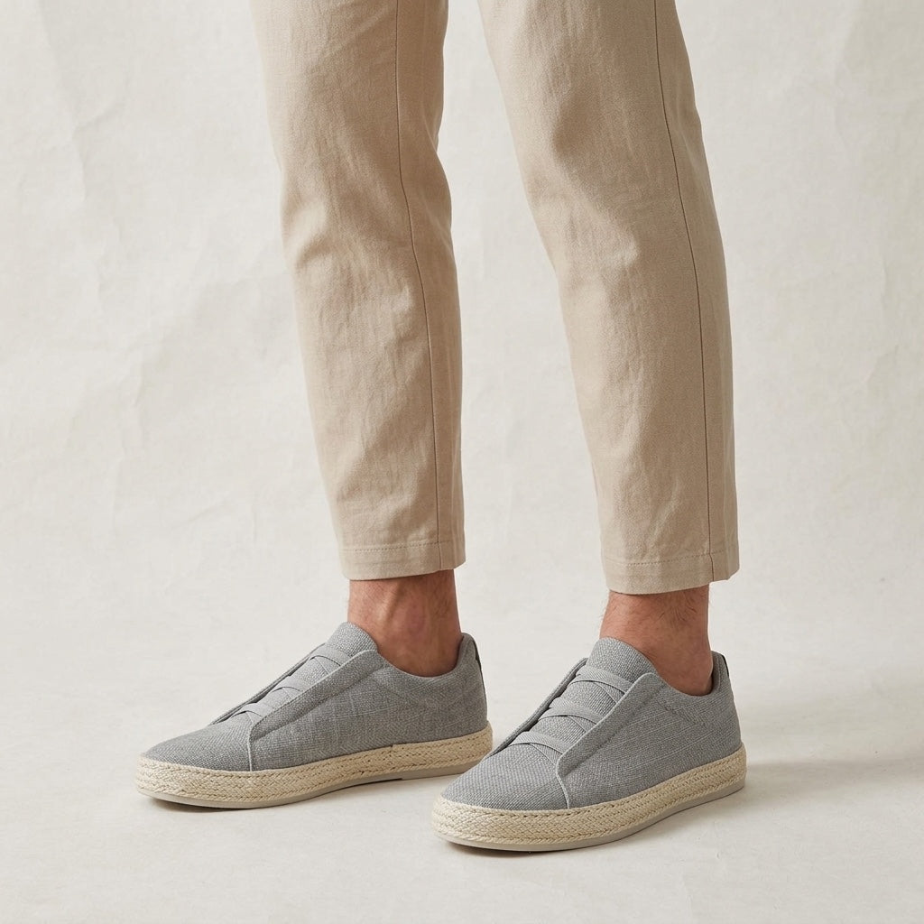Elba Espadrille Sneakers — Grey, worn with beige chinos, studio