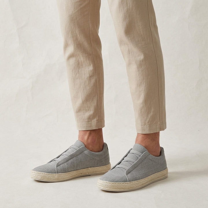 Elba Espadrille Sneakers — Grey, worn with beige chinos, studio