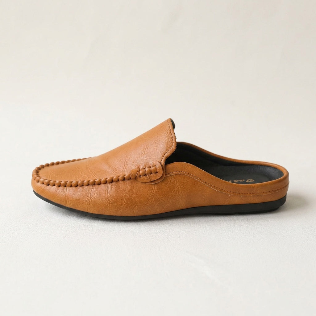 Vietri Leather Mules — Tan, side profile studio view