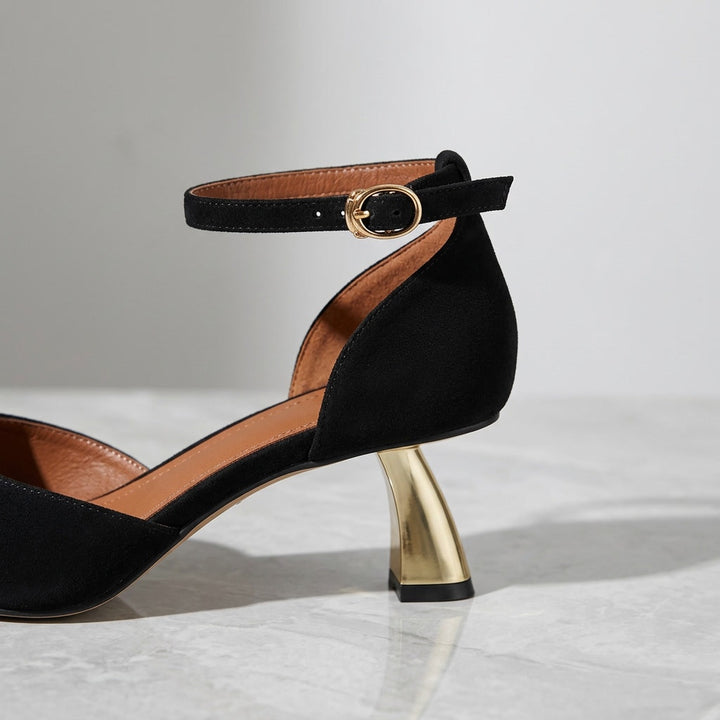 Sarzana Ankle-Strap Pumps — Black, close view of the ankle strap and heel