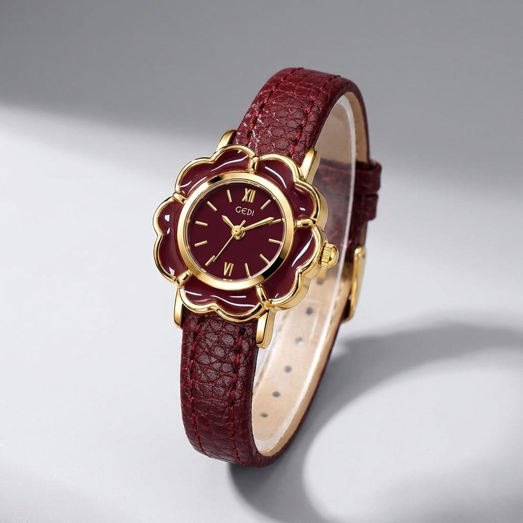 Spello Flower Watch — Red, three-quarter studio view