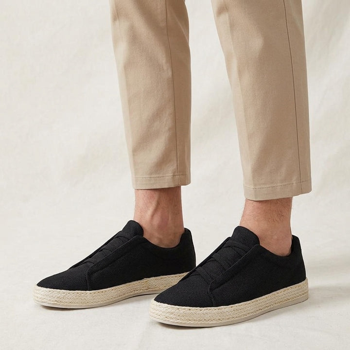 Elba Espadrille Sneakers — Black, worn with beige chinos, studio