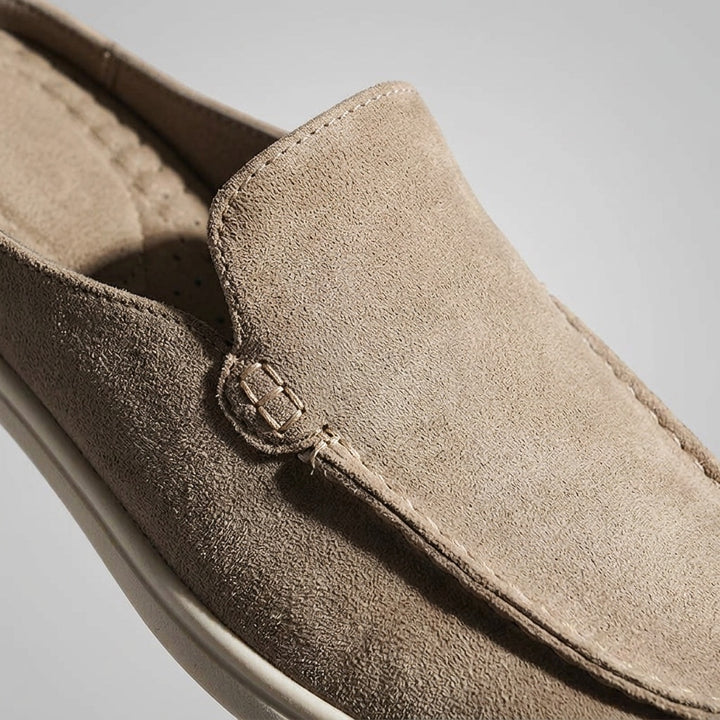Dartmouth Suede Loafers — Beige, close-up toe and vamp suede texture