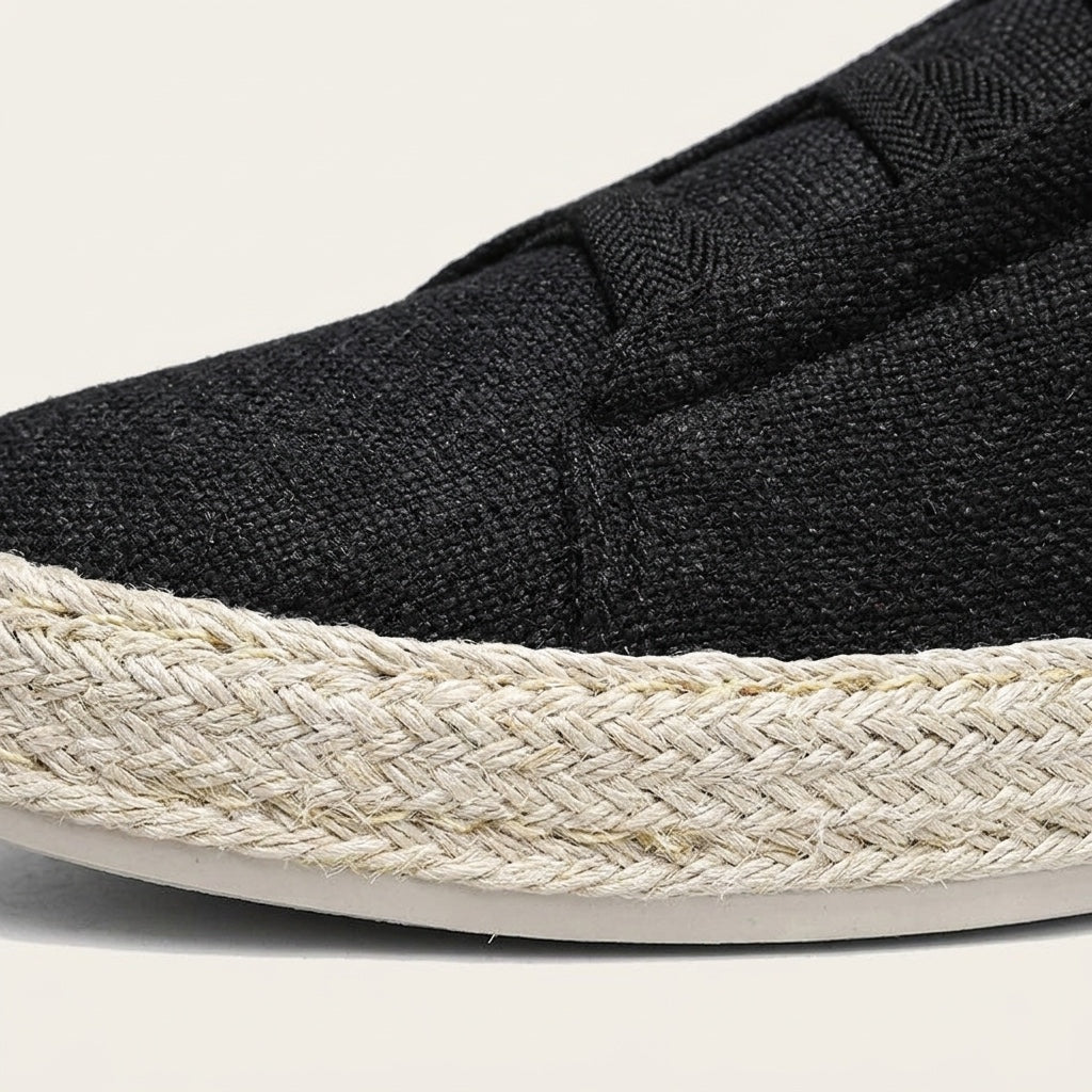 Elba Espadrille Sneakers — Black, woven upper and rope trim close-up
