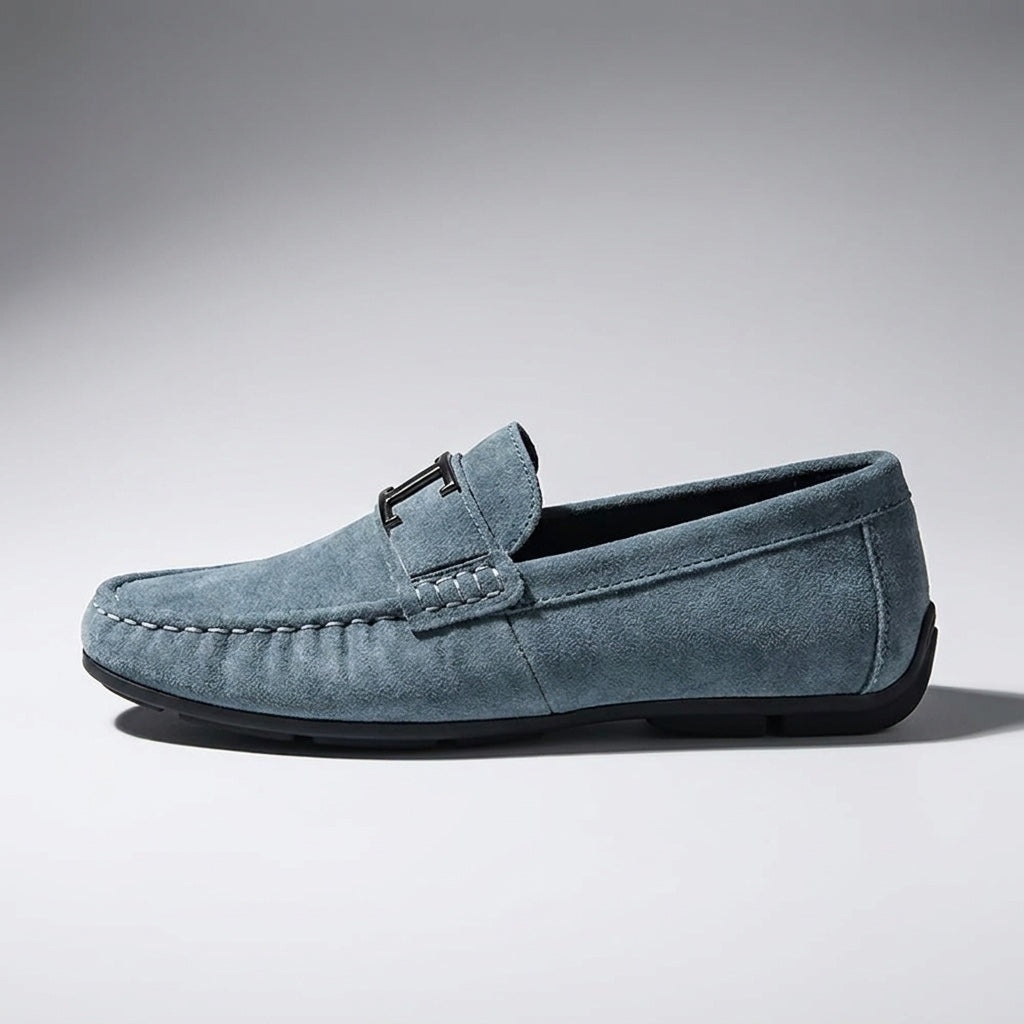 Zoagli Suede Loafers — Blue, side profile studio view