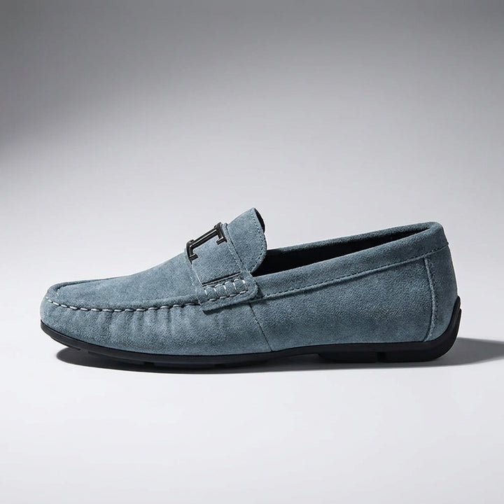 Zoagli Suede Loafers — Blue, side profile studio view