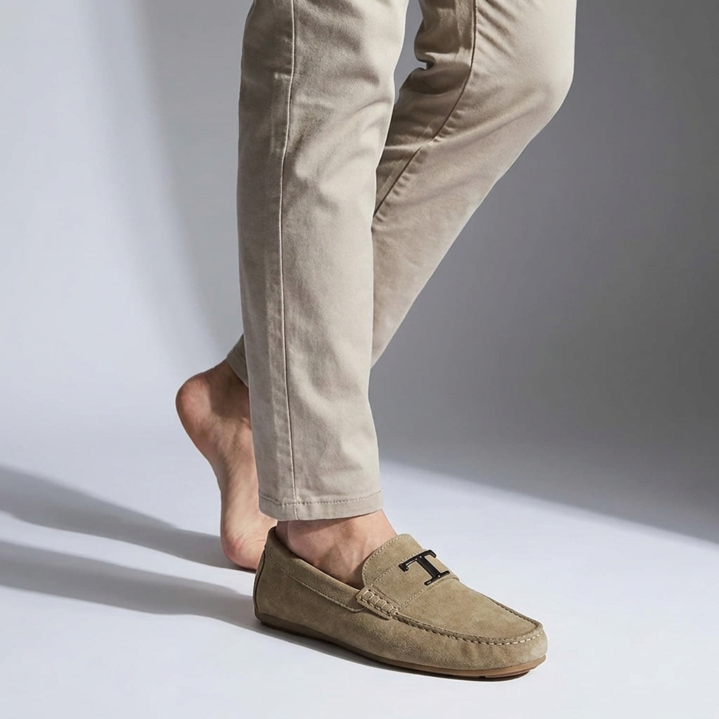 Zoagli Suede Loafers — Khaki, male model knee-down studio