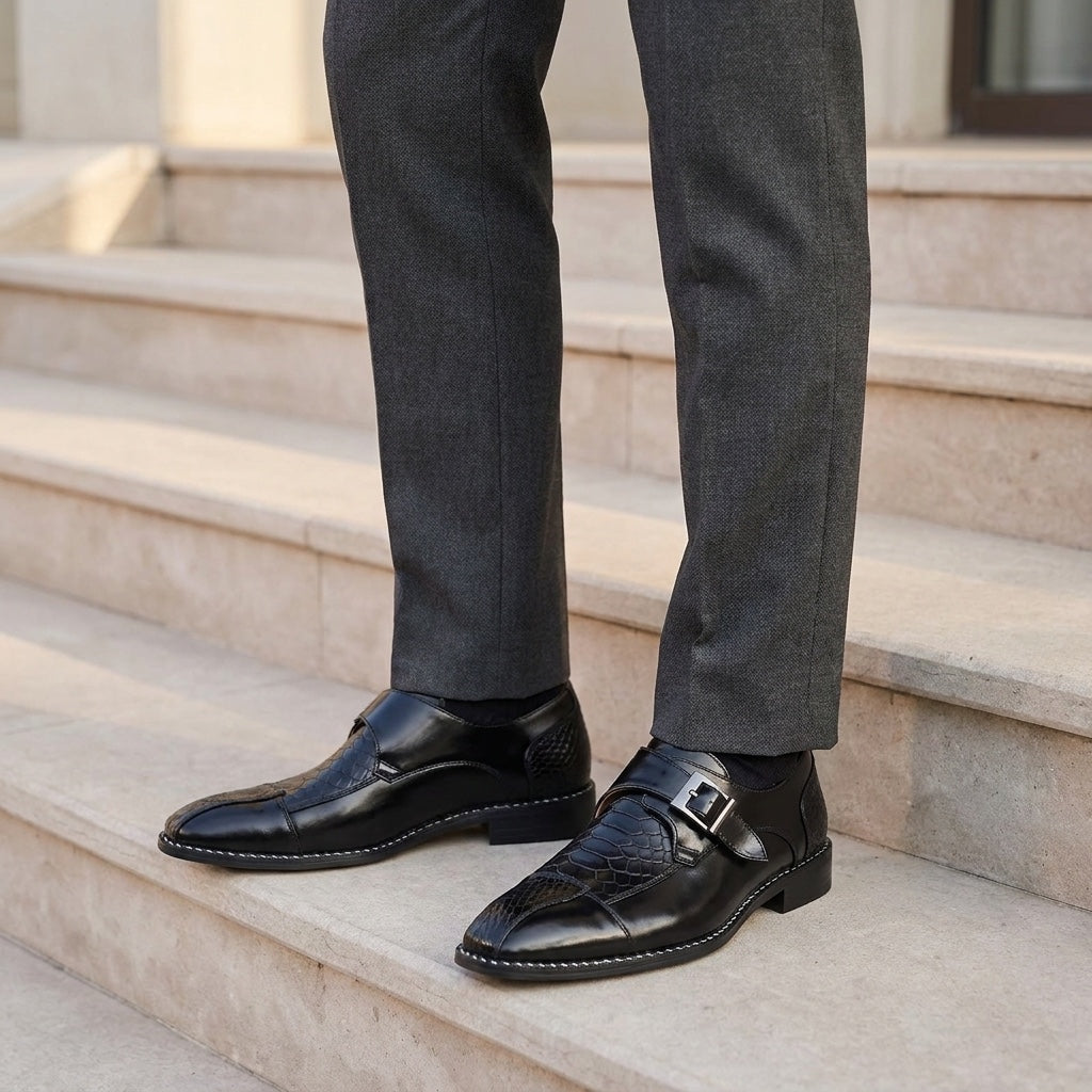 Belgravia Monk Straps — Black, worn on stone steps outside a venue
