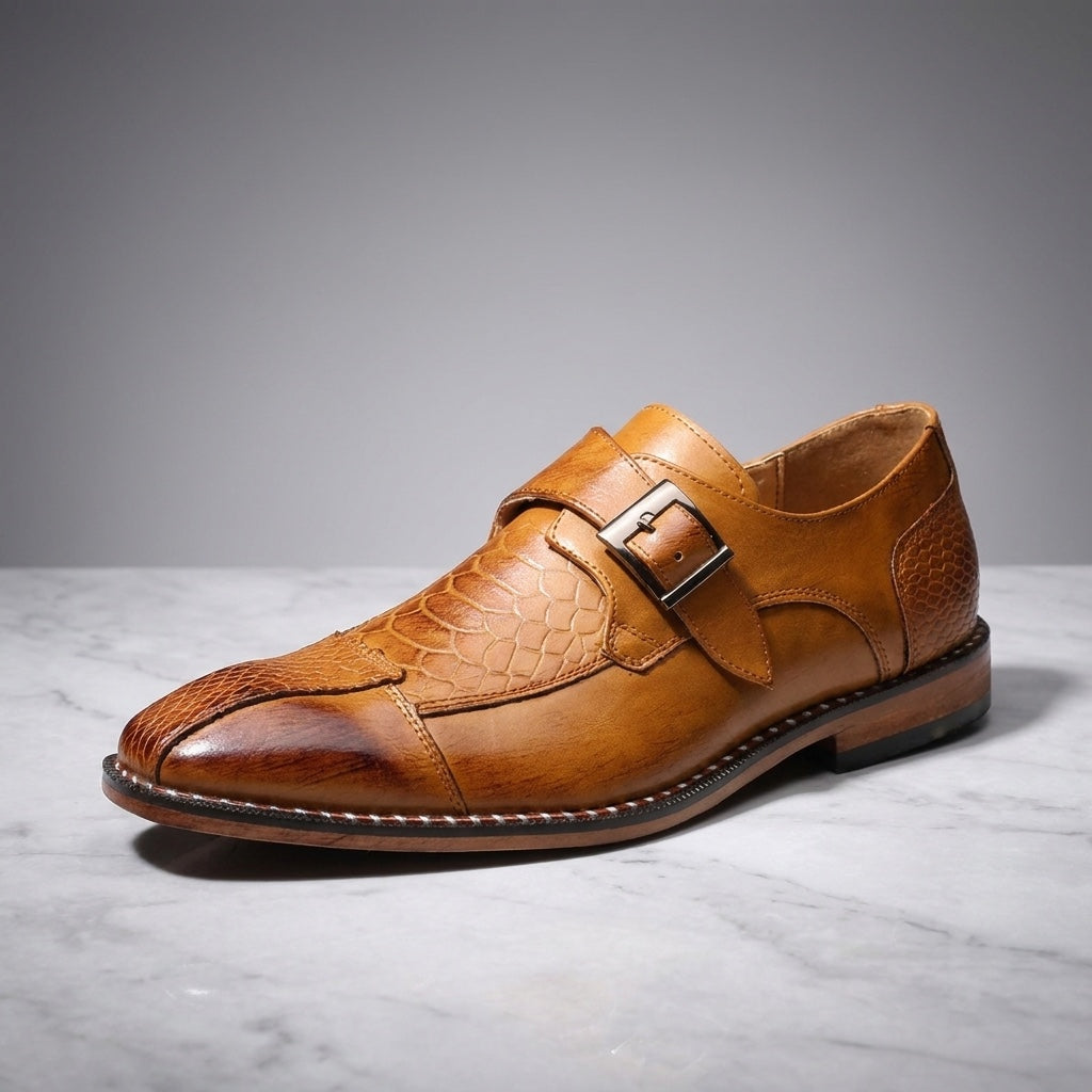 Belgravia Monk Straps — Camel, three-quarter studio view