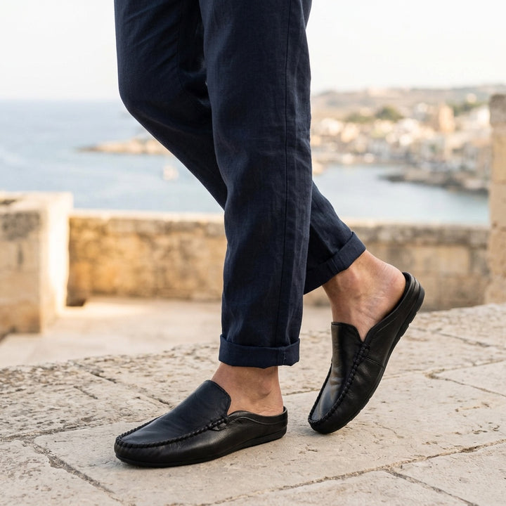 Vietri Leather Mules — Black, coastal terrace lifestyle