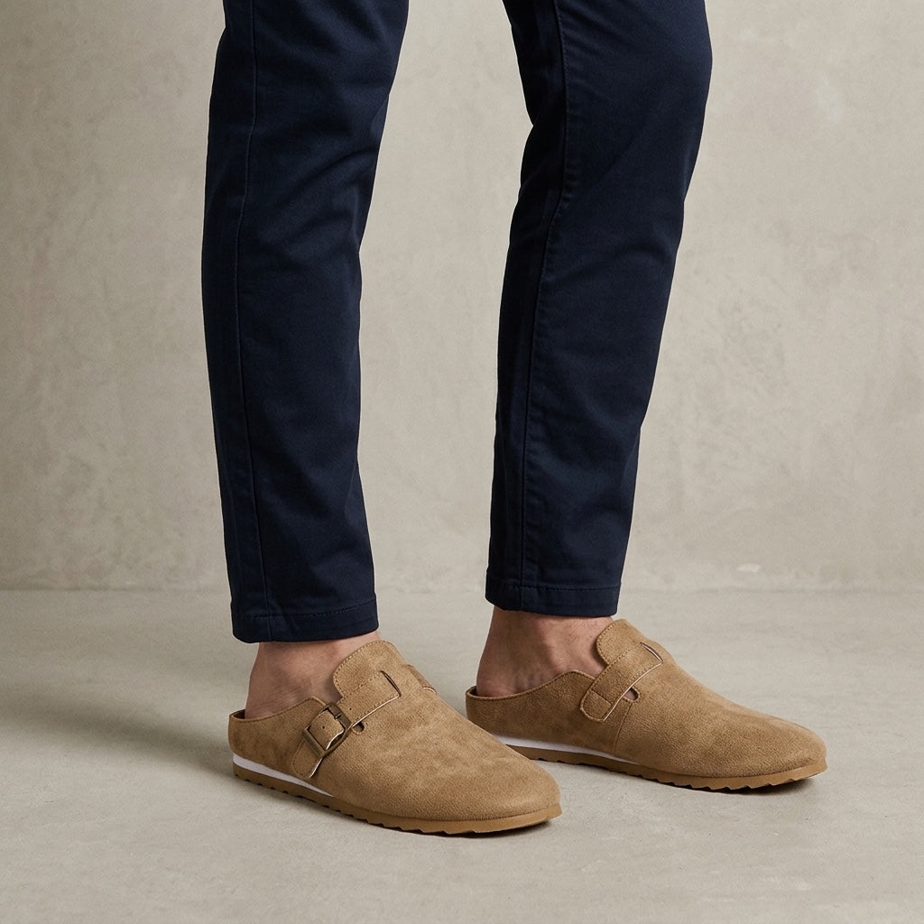 Volterra Suede Mules — Camel, worn on model, studio