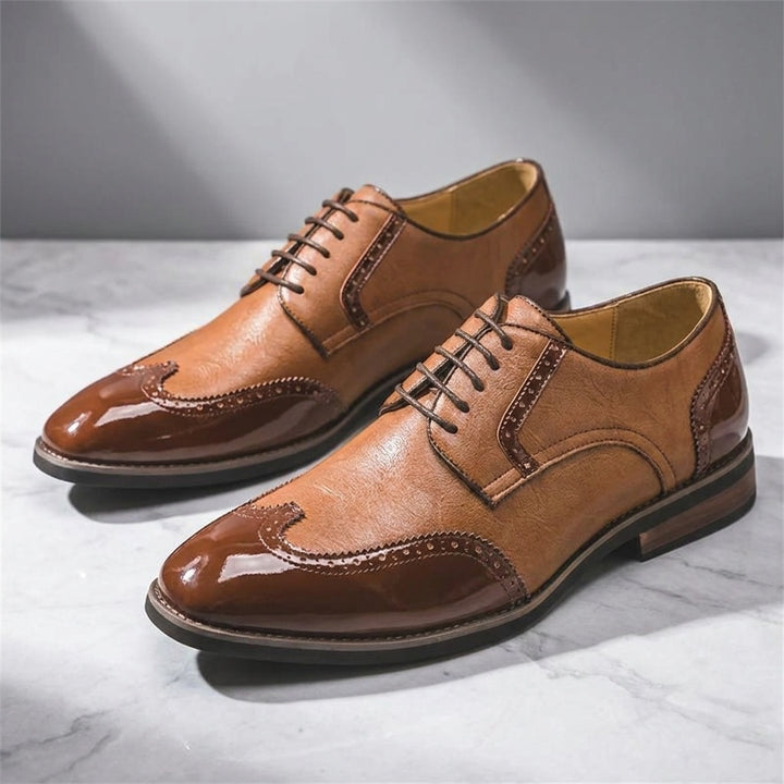 Tortona Leather Wingtip Brogues — Cognac, three-quarter studio view of the pair