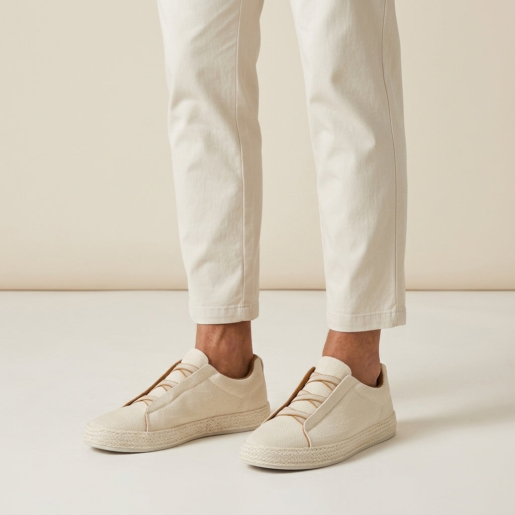 Elba Espadrille Sneakers — Cream, worn in studio