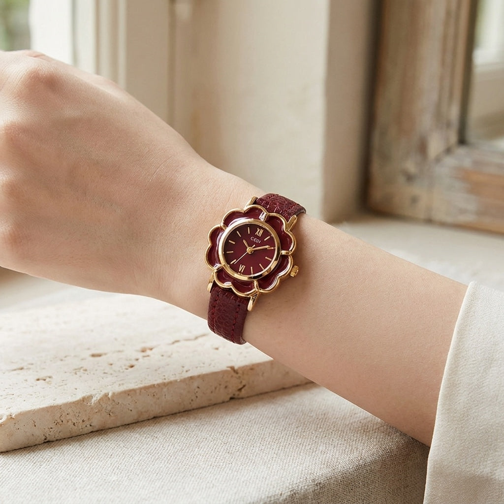Spello Flower Watch — Red, lifestyle wrist shot