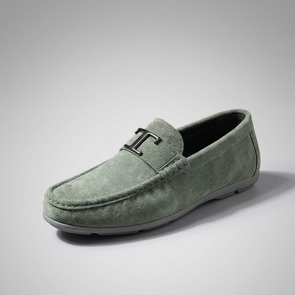 Zoagli Suede Loafers — Green, three-quarter studio view