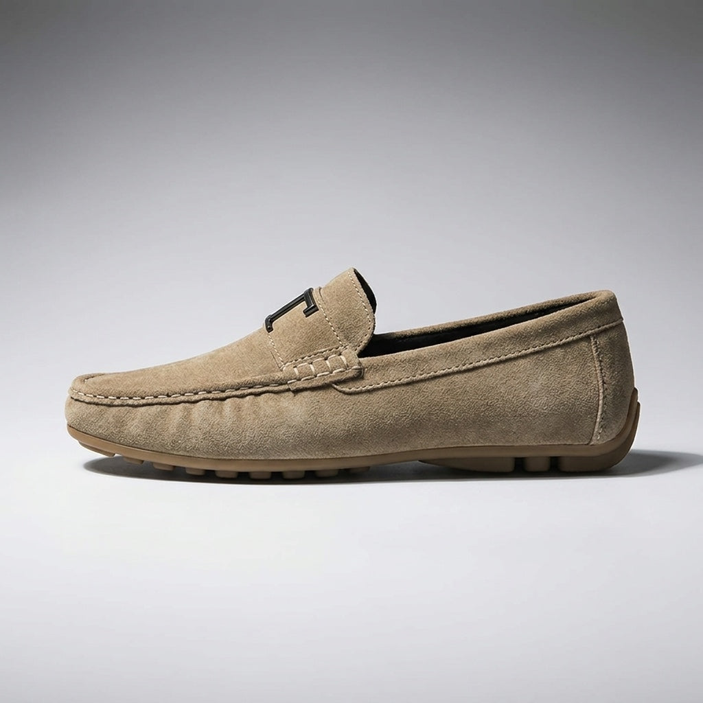 Zoagli Suede Loafers — Khaki, side profile studio view