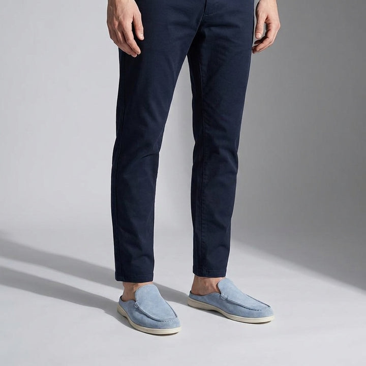 Dartmouth Suede Loafers — Blue, male model knee-down studio