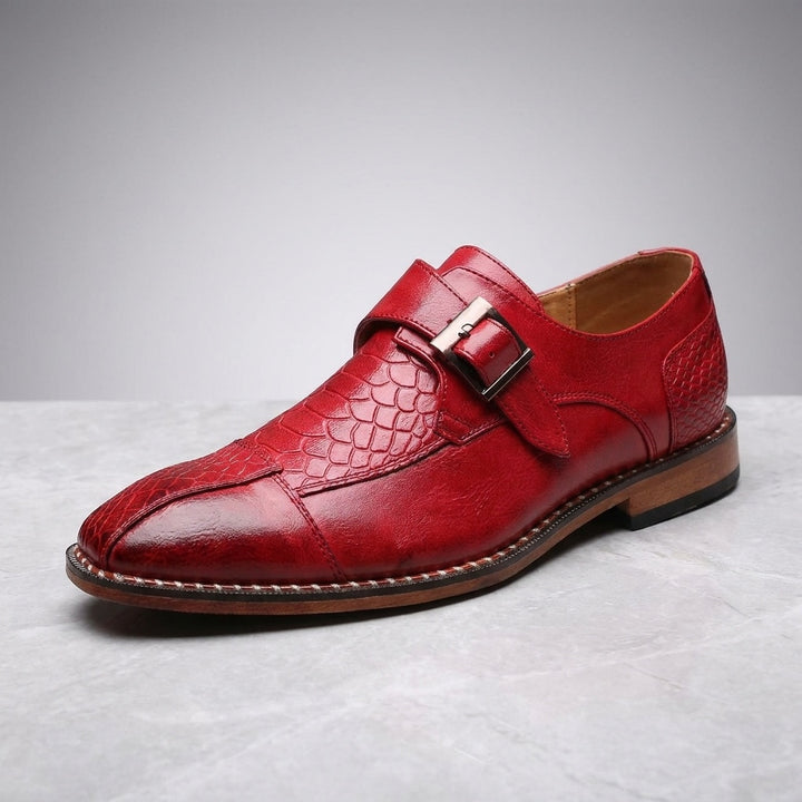 Belgravia Monk Straps — Red, three-quarter studio view