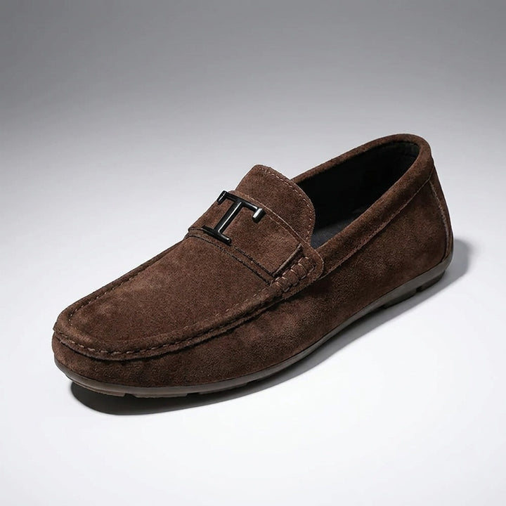 Zoagli Suede Loafers — Brown, three-quarter studio view