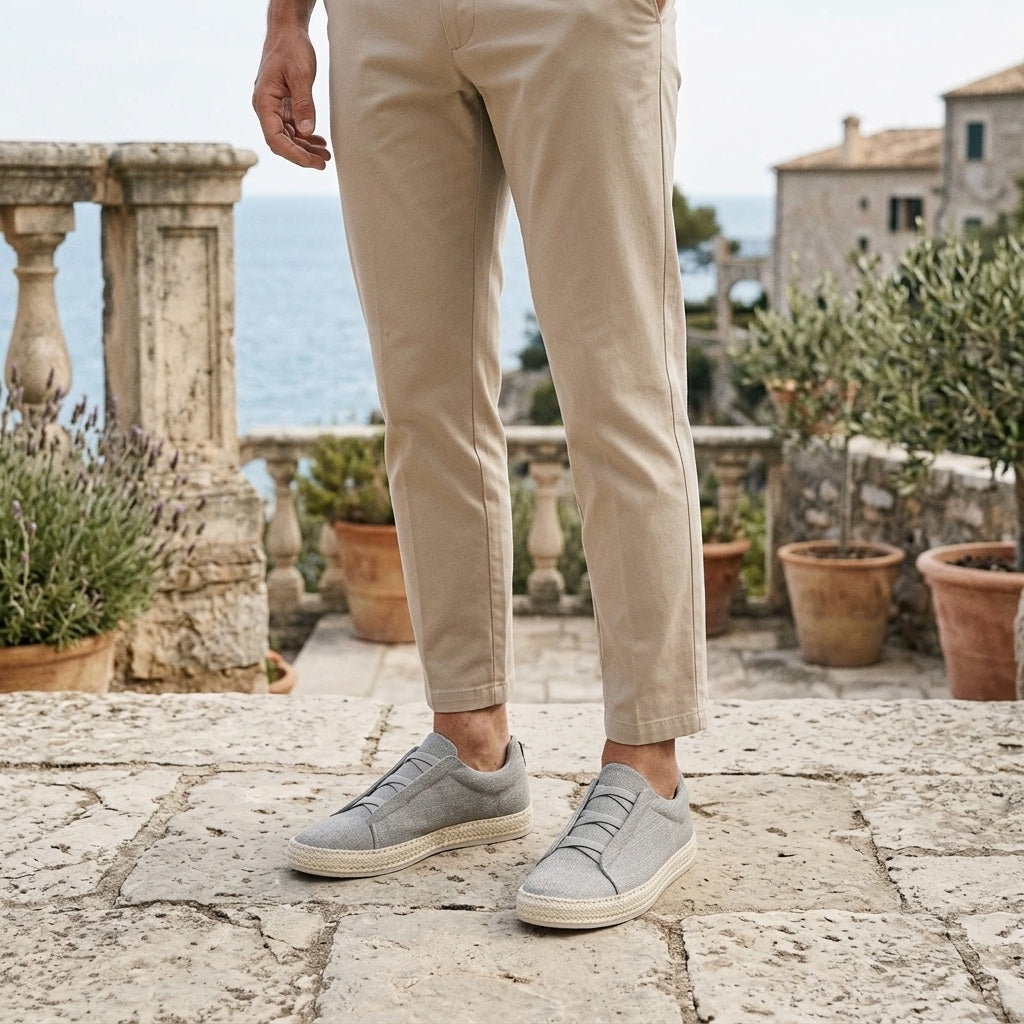 Elba Espadrille Sneakers — Grey, worn on a coastal stone terrace