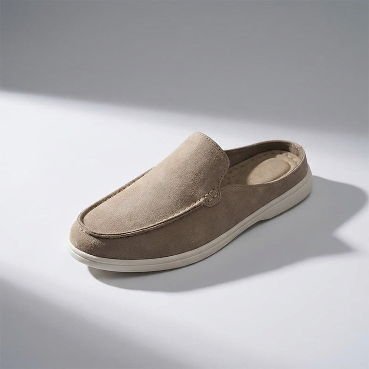 Dartmouth Suede Loafers — Beige, three-quarter front-right studio view