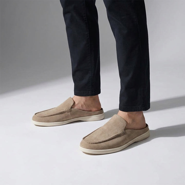 Dartmouth Suede Loafers — Beige, male model knee-down studio