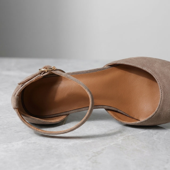 Sarzana Ankle-Strap Pumps — Taupe, close view of the leather lining and footbed