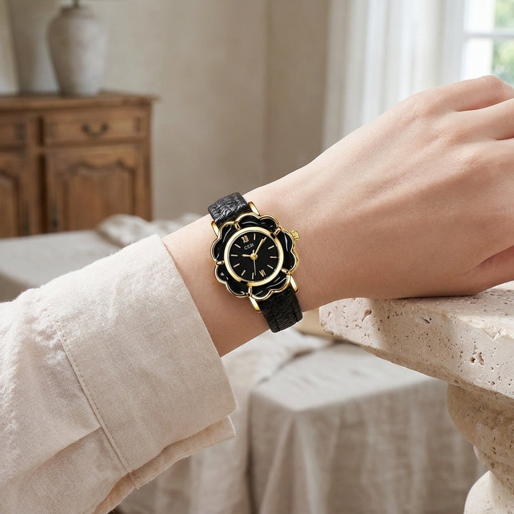 Spello Flower Watch — Black, lifestyle wrist shot