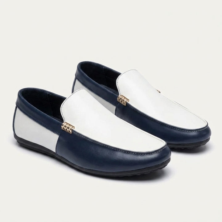 Faro Two-Tone Loafers — Navy &amp; White, three-quarter studio view