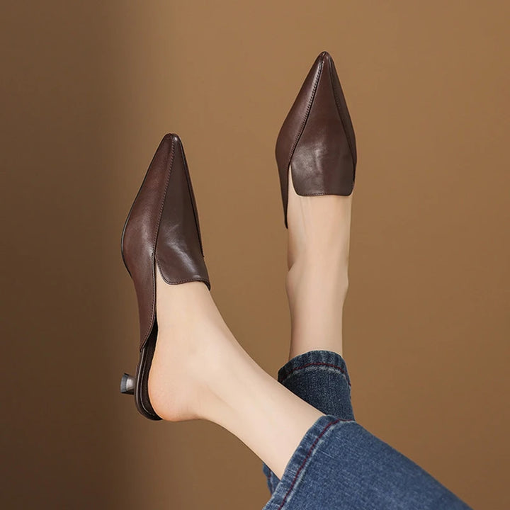 Camaiore Pointed-Toe Mules — Brown, worn on foot, seen from above