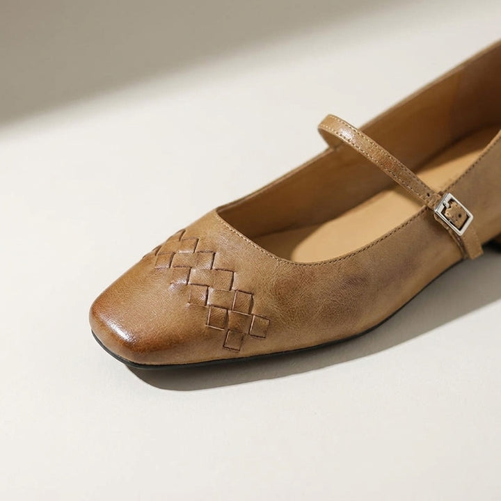 Ravenna Mary Janes — Tan, close view of the woven toe and buckle